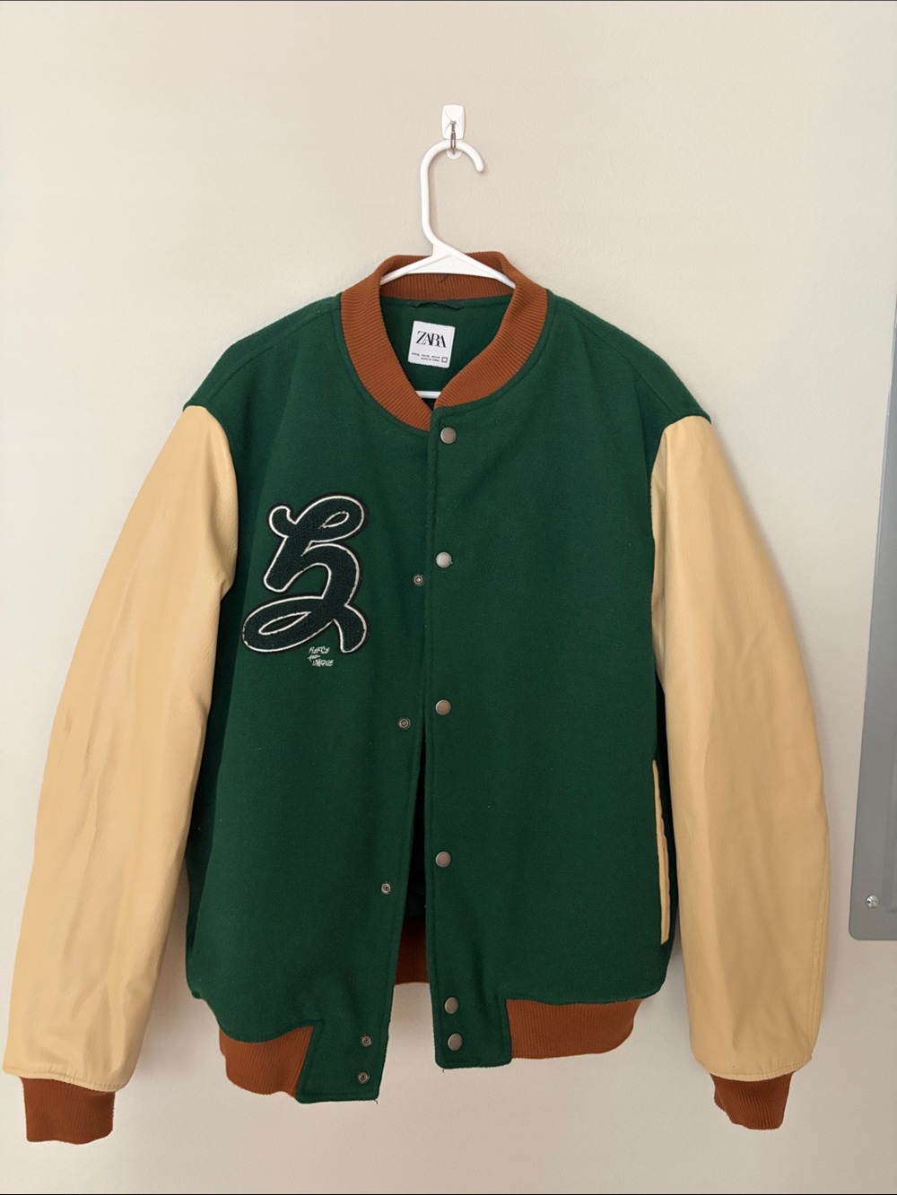 Zara Green & Cream Bomber Varsity Jacket with Brown Trim